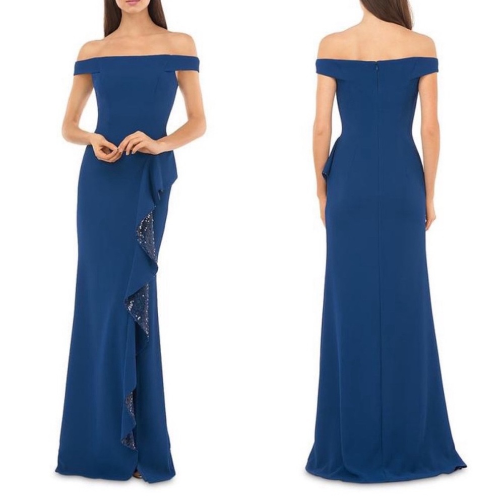 Carmen Marc Valvo Cold Shoulder Sequin Ruffled Evening Gown Navy Blue 12 NWOT